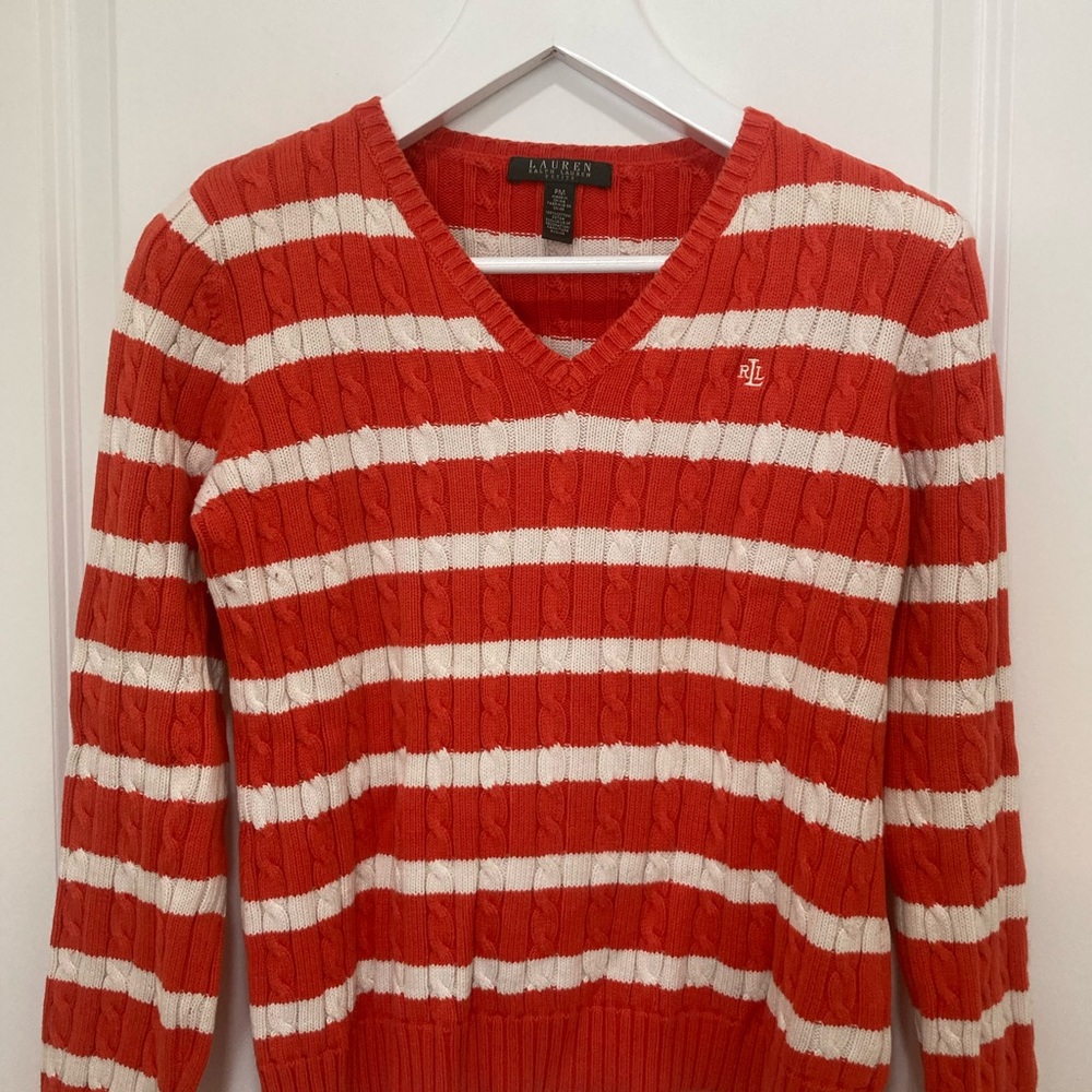 Ralph Lauren Red and Cream Striped V-Neck Sweater